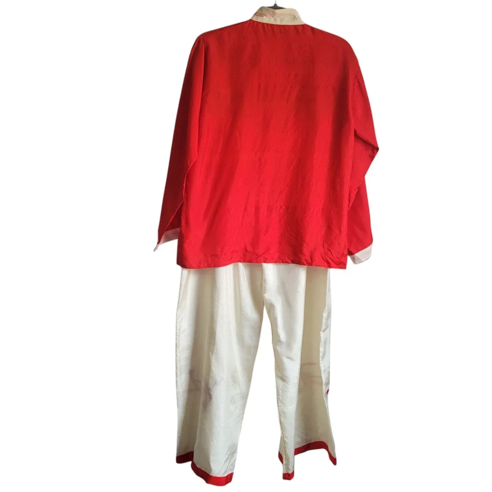 Vintage 1949 Japanese Crane Embroidered Silk Pajama Set Red M/L
